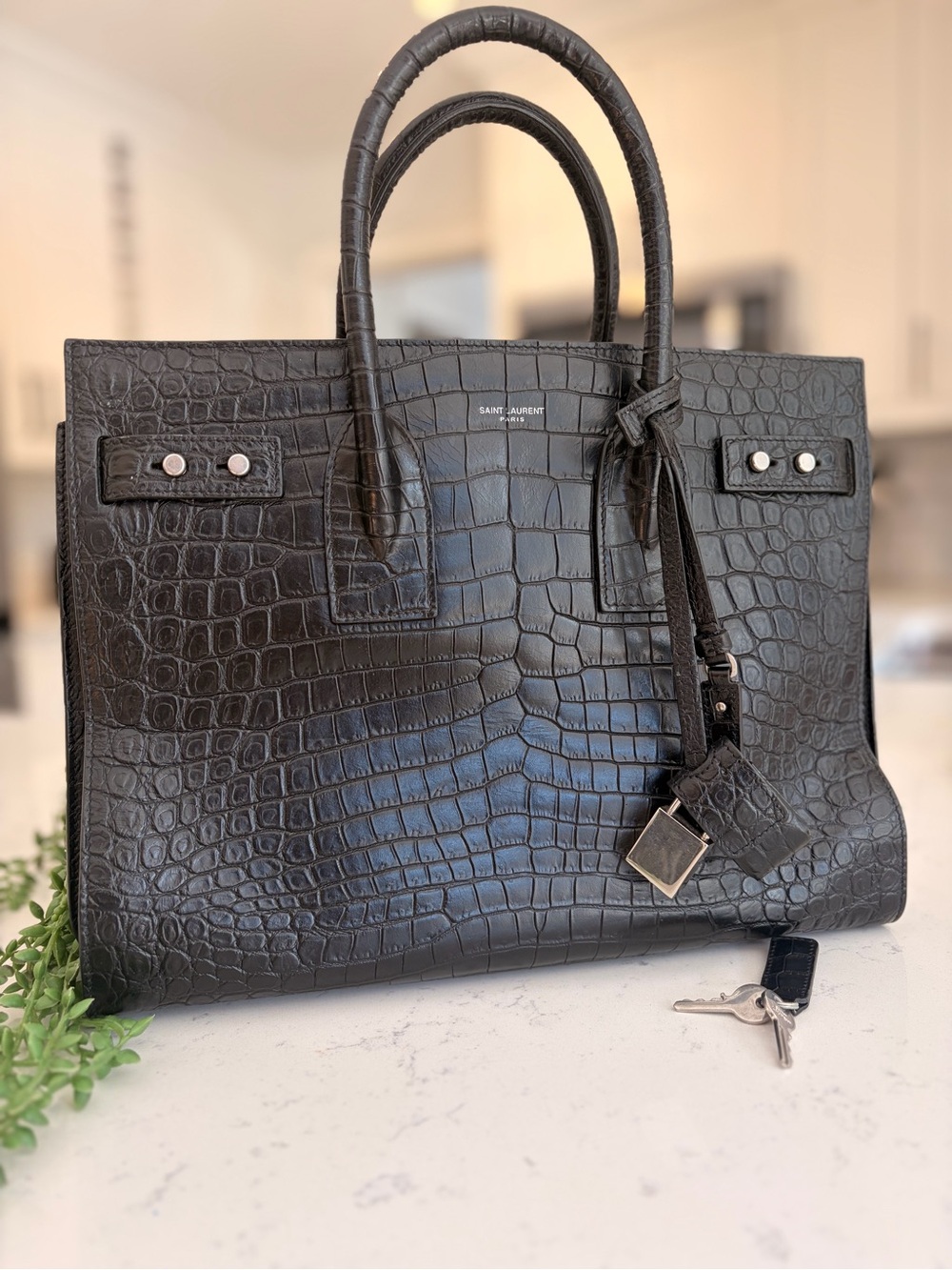 Saint Laurent Black Croc-Embossed Satchel